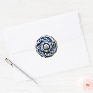 Adesivo Redondo Padrão Floral Anterior Azul Faux Silver Round