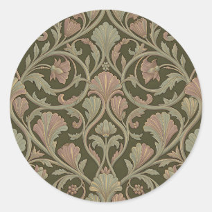 Adesivo Redondo Padrão Floral Art Nouveau Verde Escuro Rosa Vintag