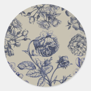 Adesivo Redondo Padrão Floral Botânico Toile Azul Vintage