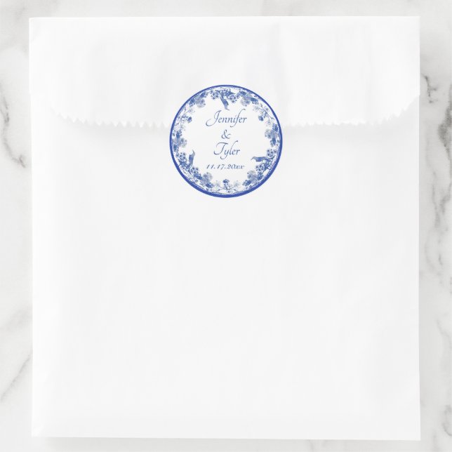 Adesivo Redondo Padrão Floral Chinês Azul e Branco com Pássaro (Bolsa)