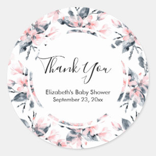 Adesivo Redondo Padrão Floral De Aquarela Rosa E Cinza Obrigado