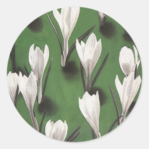 Adesivo Redondo Padrão Floral de Crocus Branco Vintage, Flor de Ja