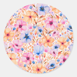 Adesivo Redondo Padrão Floral de Flores Silvestres Coloridas em Aq