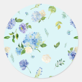 Adesivo Redondo Padrão Floral de Hortênsia Azul e Rosa em Aquarela