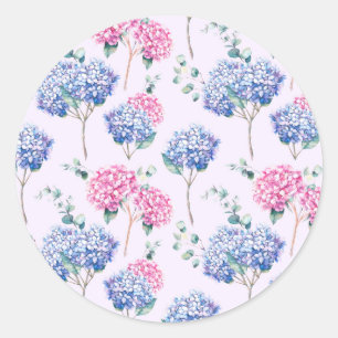 Adesivo Redondo Padrão Floral de Hortênsias em Aquarela Azul e Ros