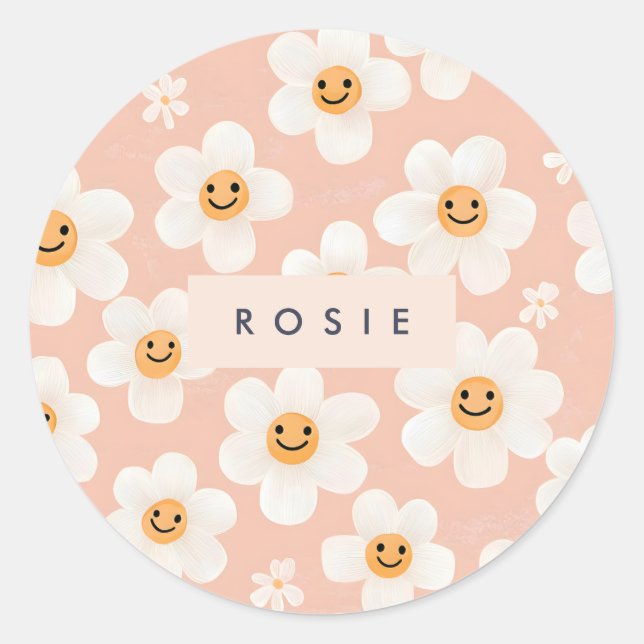 Adesivo Redondo Padrão Floral de Margarida de Sorriso Personalizad (Frente)