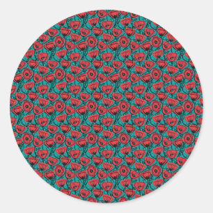 Adesivo Redondo Padrão Floral de Papoula Vermelha Abstrata Moderna