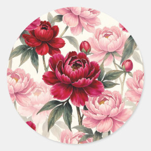 Adesivo Redondo Padrão Floral de Peônia em Aquarela Vermelho Inten
