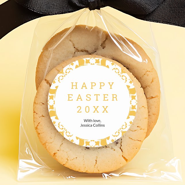 Adesivo Redondo Padrão Floral Elegante Amarelo do felz pascoa Pers (Happy Easter Yellow Elegant Floral Pattern Custom Classic Round Sticker)