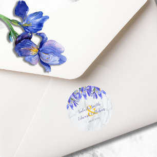 Adesivo Redondo Padrão Floral Íris Azul Royal Mármore Cinza Modern