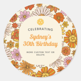 Adesivo Redondo Padrão Floral Retro Hippie 70s Festa de Pickleball