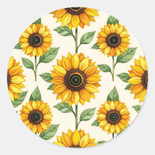 Adesivo Redondo Padrão Floral Seamless de Girassol Amarelo Brilhan