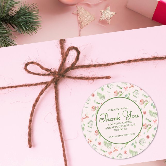 Adesivo Redondo Padrão Floral Verde Rosa Elegante Obrigado (Criador carregado)
