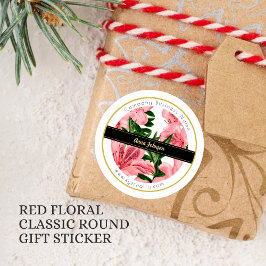 Adesivo Redondo Padrão Floral Vermelho Elegante Nome Personalizado