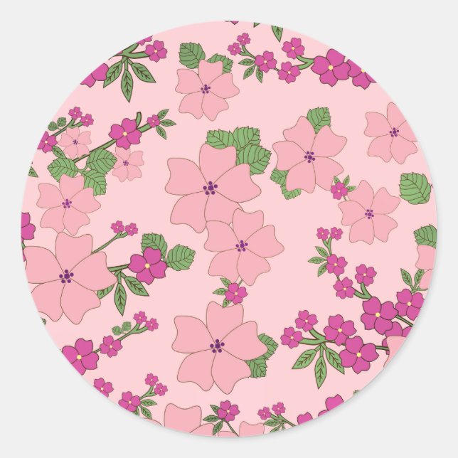 Adesivo Redondo Padrão floral, violeta pastel e roxo, (Frente)