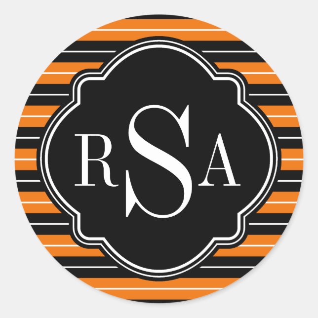 Adesivo Redondo Padrão Laranja Branco Branco Monograma Rasgado (Frente)