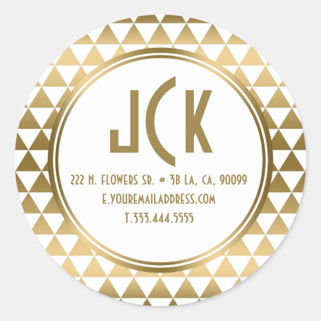 Adesivo Redondo Padrão moderno de triângulos brancos e Dourados ge (Frente)