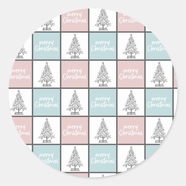 Adesivo Redondo Padrão Moderno do Pastel Azul e Rosa de Natal (Frente)