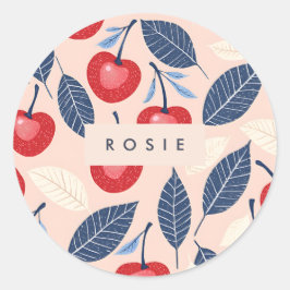 Adesivo Redondo Padrão Monograma Personalizado de Cereja e Folha