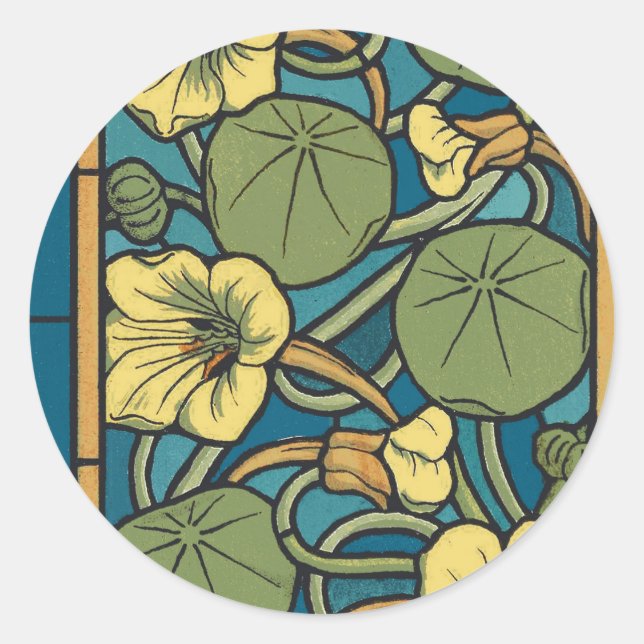 Adesivo Redondo Padrão Nouveau da Flor Nasturtium Amarelo Azul (Frente)