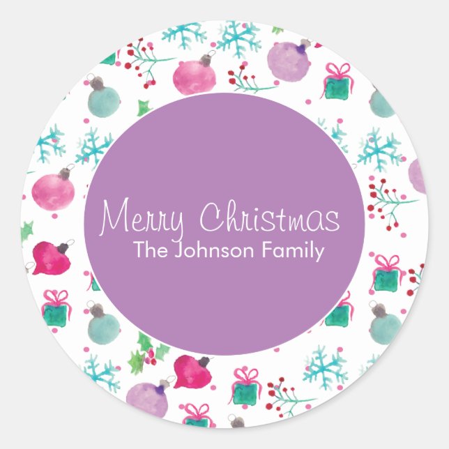 Adesivo Redondo Padrão Pintado à Mão de Natal com Aquarela (Frente)