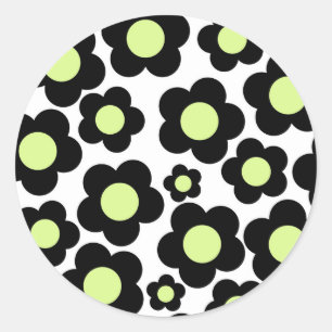 Adesivo Redondo Padrão Preto de Flor de Hippie Verde Neon