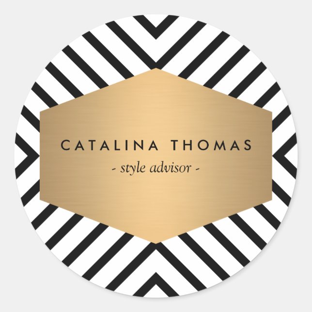 Adesivo Redondo Padrão preto e branco retrô com emblema Dourado (Frente)