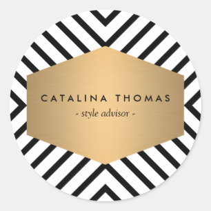 Adesivo Redondo Padrão preto e branco retrô com emblema Dourado