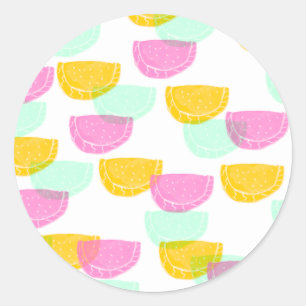 Adesivo Redondo Padrão Rosa Verde Amarelo de Melancia Aquarela