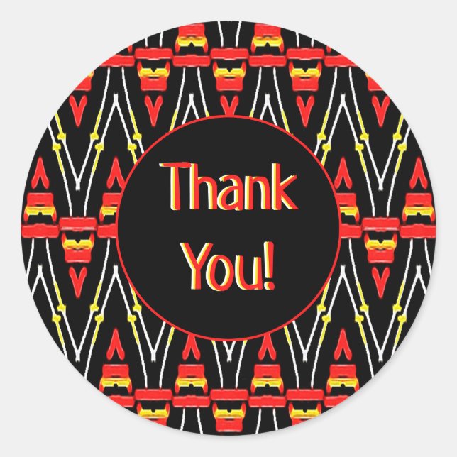 Adesivo Redondo Padrão Tribal Vermelho e Amarelo Chevron Obrigado (Frente)