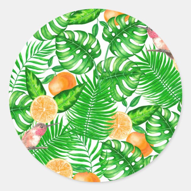 Adesivo Redondo Padrão tropical, beija-flores II (Frente)