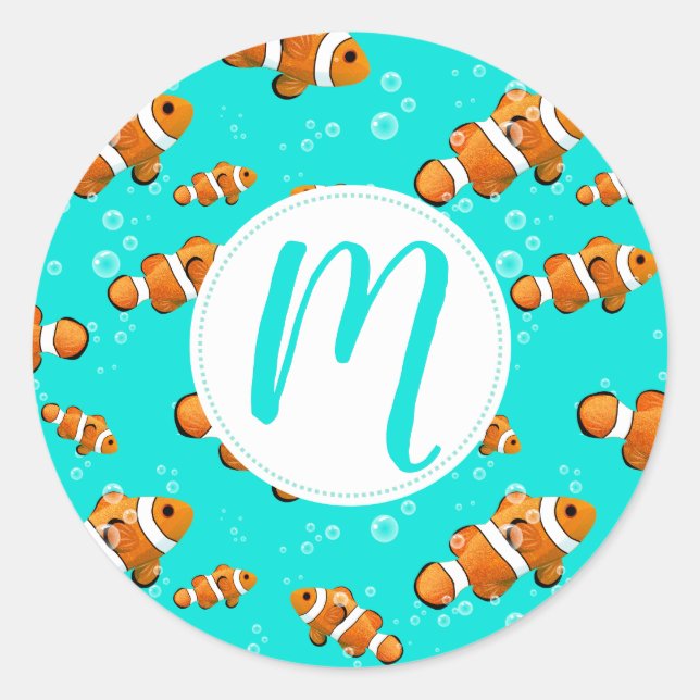 Adesivo Redondo Padrão Tropical de Palhaço e Bolhas (Frente)