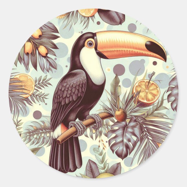 Adesivo Redondo Padrão tropical Vintage Toucan (Frente)