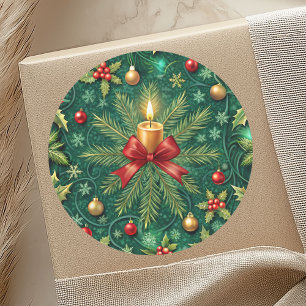 Adesivo Redondo Padrão Verde Flor de Poinsettia de Vela Dourada