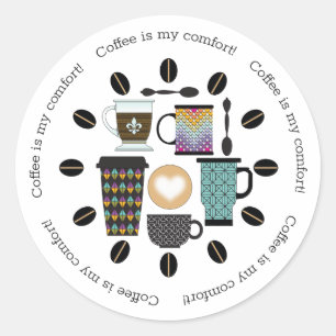 Adesivo Redondo Padrões de Café Lover Mugs, Copas e Feijões