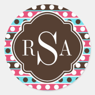 Adesivo Redondo Padrões de pontos coloridos e riscas monogramas