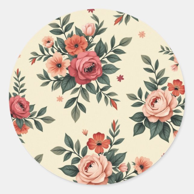 Adesivo Redondo Padrões florais vítreos com elegância clássica (Frente)