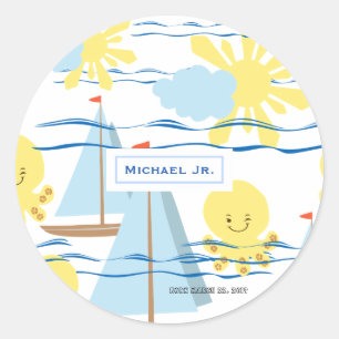 Adesivo Redondo Padrões para crianças ensolaradas, barco, polvo e