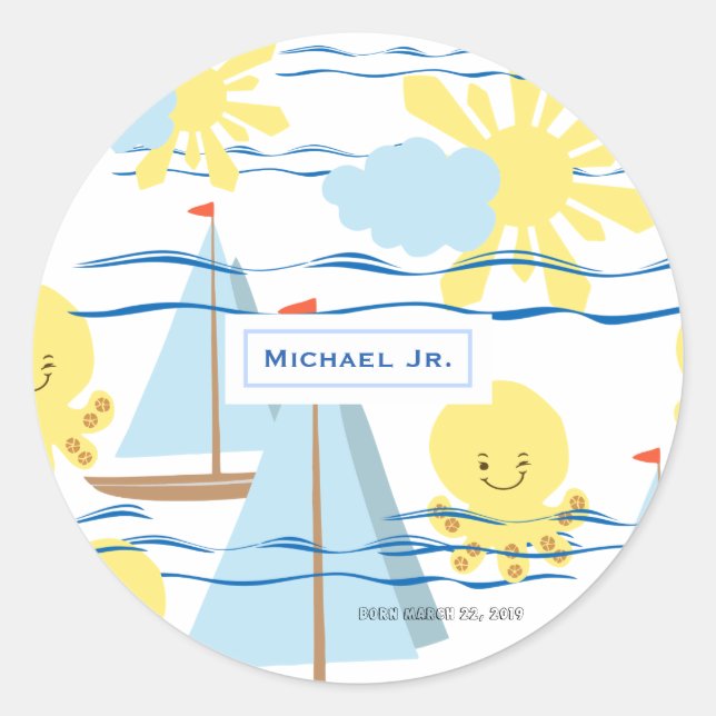 Adesivo Redondo Padrões para crianças ensolaradas, barco, polvo e  (Frente)