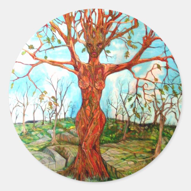 Adesivo Redondo Pagan Dryad Tree Goddese Wiccan Nature Art (Frente)