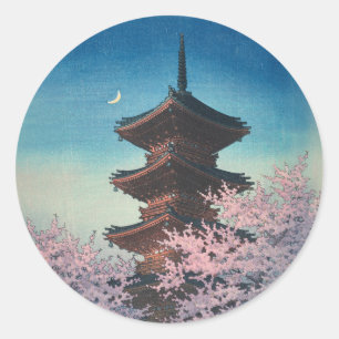 Adesivo Redondo Pagode de uma Primavera Japonesa Antiga em Xilogra
