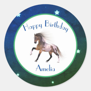 Adesivo Redondo Paint Horse Happy Birthday Blue Green Stickers