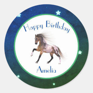 Adesivo Redondo Paint Horse Happy Birthday Blue Stickers
