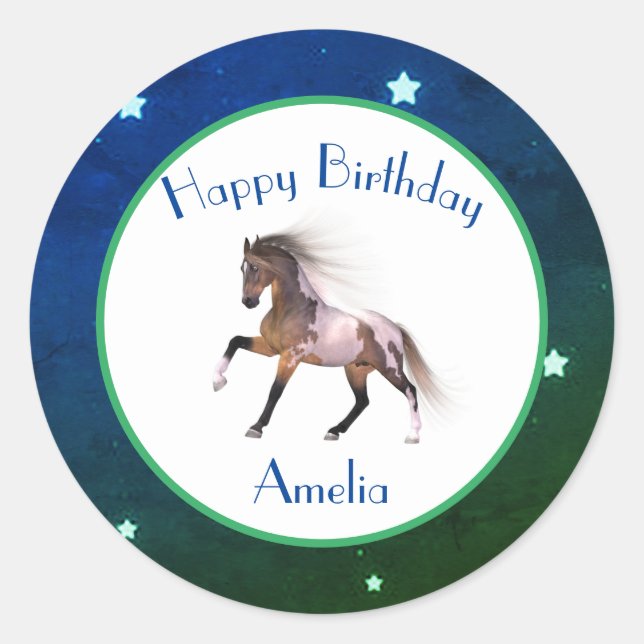 Adesivo Redondo Paint Horse Happy Birthday Blue Stickers (Frente)