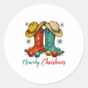 Adesivo Redondo País Divertido de Natal Western Howdy Botas de Cow