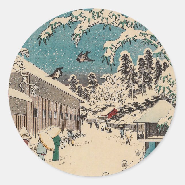 Adesivo Redondo País japão da paisagem de inverno de Hiroshige (Frente)