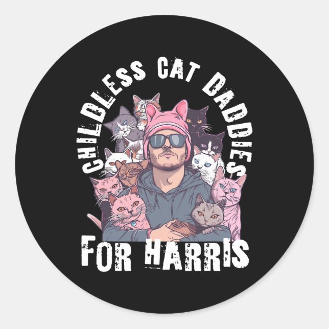 Adesivo Redondo Pais Para Harris Votam Pink Hat Feminist Men Cat (Frente)