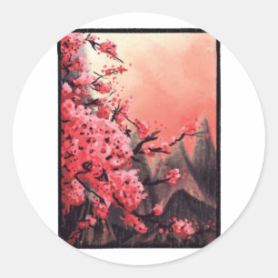 Adesivo Redondo Paisagem de flor de cerejeira