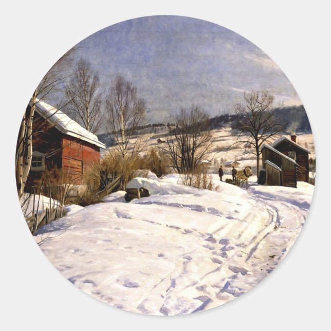 Adesivo Redondo Paisagem de inverno em Lillehammer, pintura de art (Frente)
