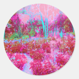 Adesivo Redondo Paisagem de Jardim Impressionista Vermelho e Rosa